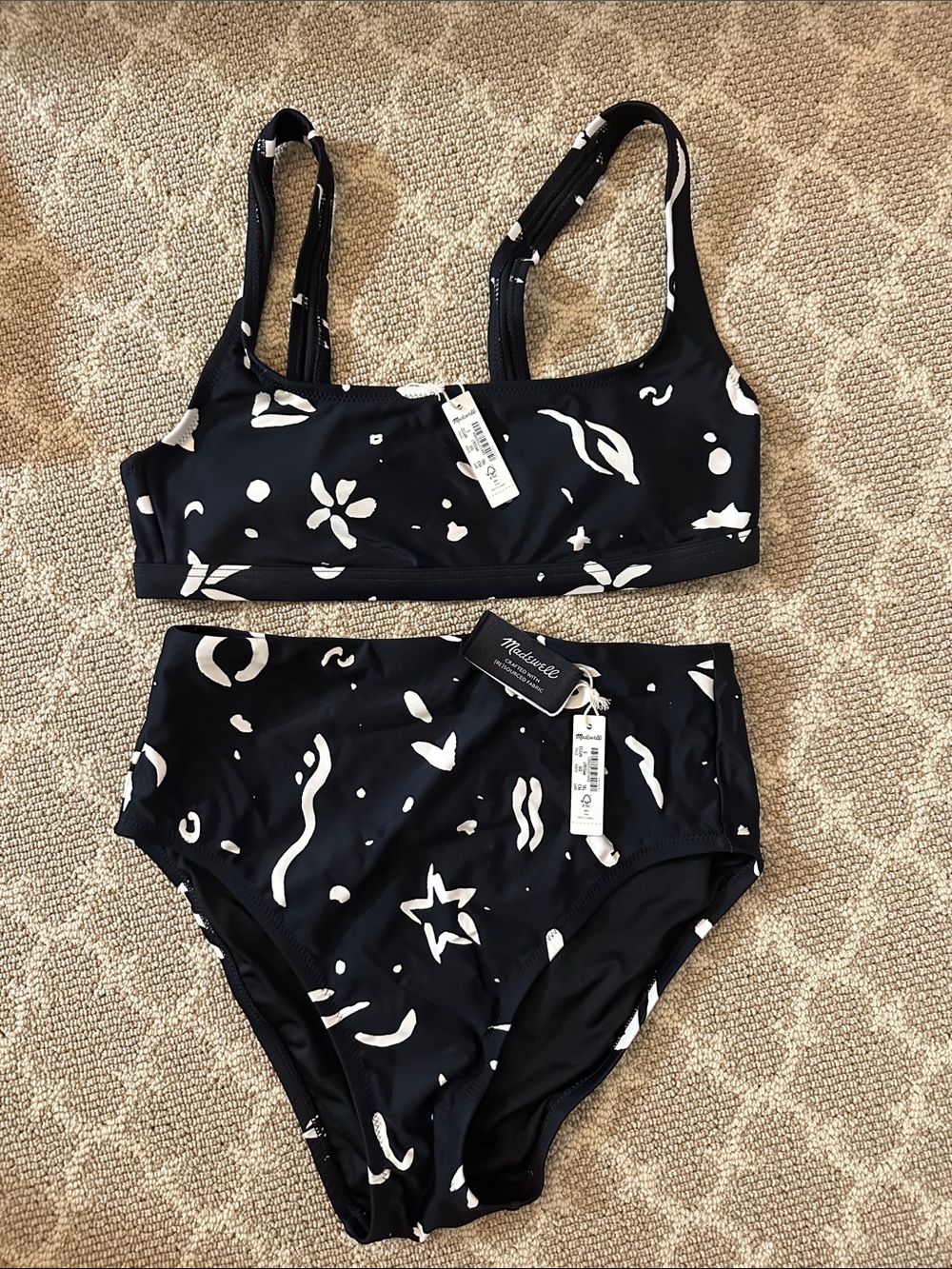 Madewell Black and White Floral-Print High-Waist Bikini Set